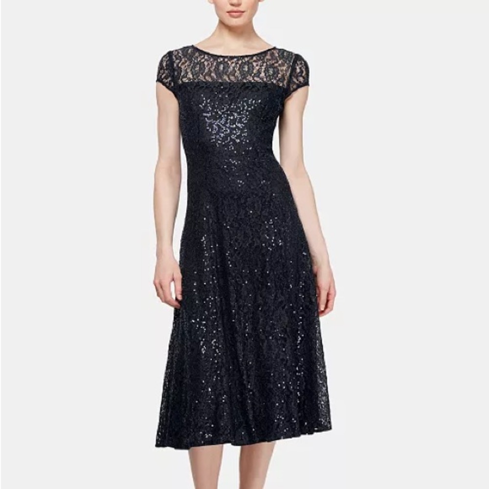 NWT SLNY Black Sequin Lace Dress Size 10